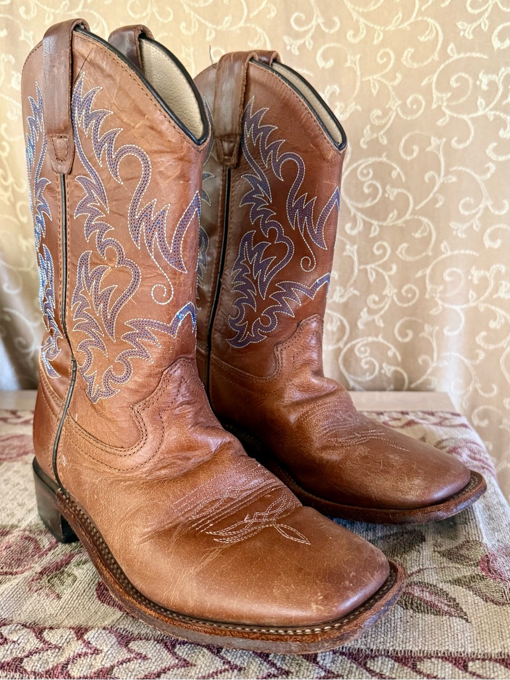 Vintage Tin Star Cowboy Boots Youth Size 4.5 D Brown Leather Stitched Design